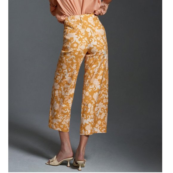 Anthropologie Maeve The Colette Cropped Wide-Leg Linen Pants Maize Floral 31 - Picture 2 of 14